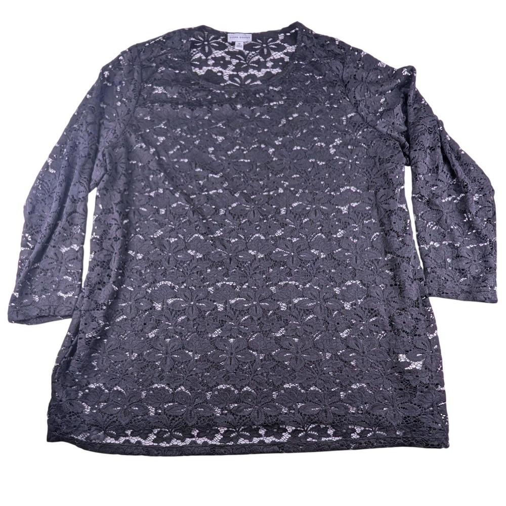 Susan Graver Womens 3X Black Floral Lace Long Sleeve Tunic Top Crew Neck Sheer